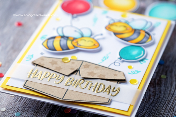 handmade birthday card. balloons and confetti. colored with copics