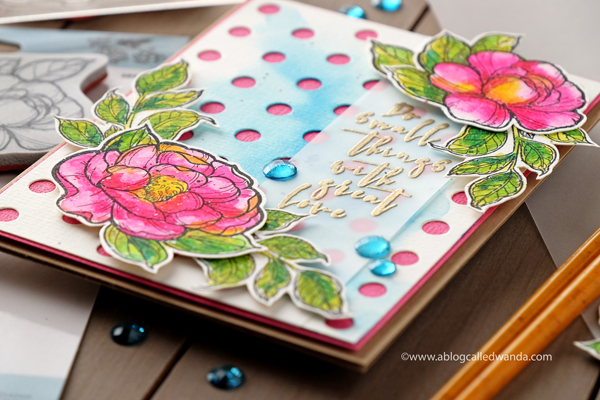 Gold heat embossing on vellum. Mijello watercolors and peony stamps