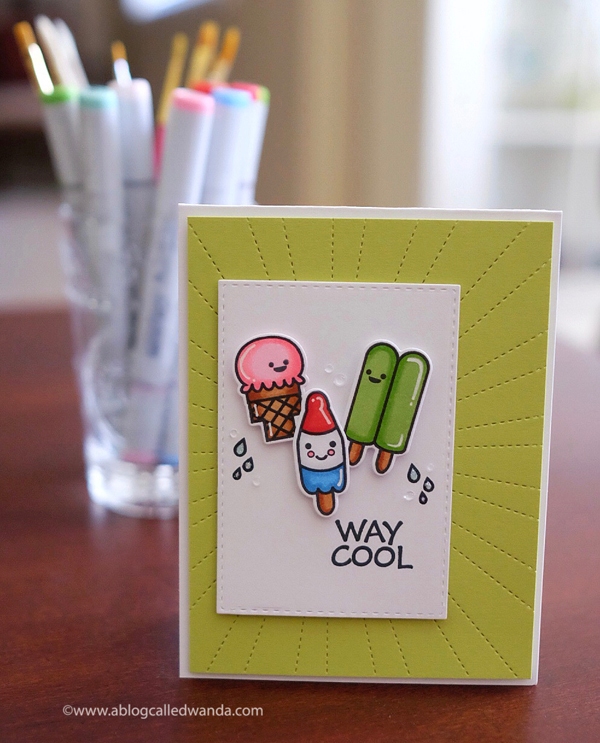 Avery Elle Cool Treats stamps and dies. Copic Coloring. Reverse Confetti Stitched Rays background die