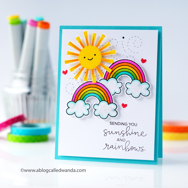 Rainbows and Sunshine card. Avery Elle, Lawn Fawn, Concord & 9th, Hello Bluebird. Copic Markers! Cheerful card DIY