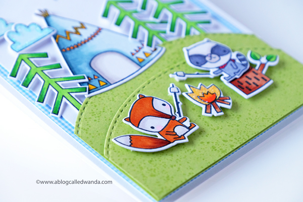 Reverse Confetti Stamps and Dies. Camping Card. Copic Coloring