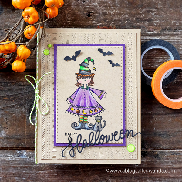 Halloween Card. Colored Pencils on Kraft. Cute witch stamp and background die from Ellen Hutson