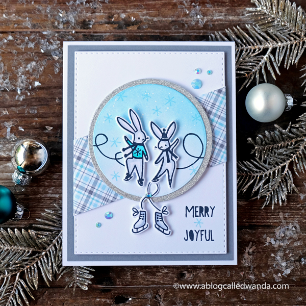 Pinkfresh Studio Skating Bunnies. Winter card or Christmas card. Copics and Lawn Fawn Plaid