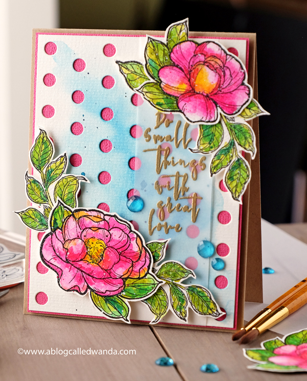 Spellbinders Peonies stamps. Stephanie Low Designs. Watercolors. FSJ Lots of Dots