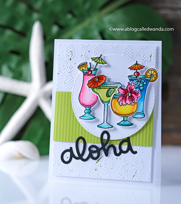 Tropical drinks card with Copic Markers. Aloha script from Lawn Fawn. Pink Ink Party Drinks stamps