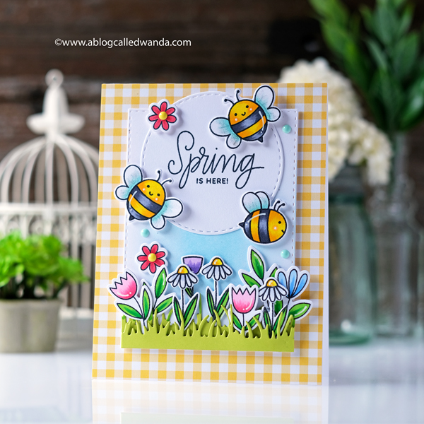 Pretty Pink Posh Bees, Spring Wreath and Easter stamp sets. Spring card with copics. GIngham paper and distress ink blending
