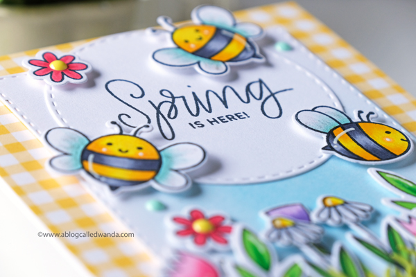 Fun spring card with bees and flowers. Copic Markers and Distress Ink blending. 