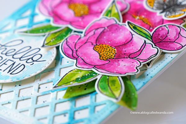 Pretty Pink Posh Peonies and Lattice Background. Stamping and die cutting. Mijello MIssion Watercolors. Wanda Guess