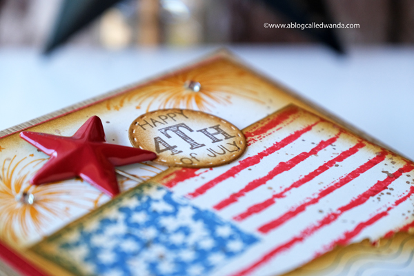 4th of July card ideas. Flag, US die, fireworks stamps, distress inks. Card by Wanda Guess
