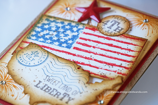 4th of July card ideas. Flag, US die, fireworks stamps, distress inks. Card by Wanda Guess