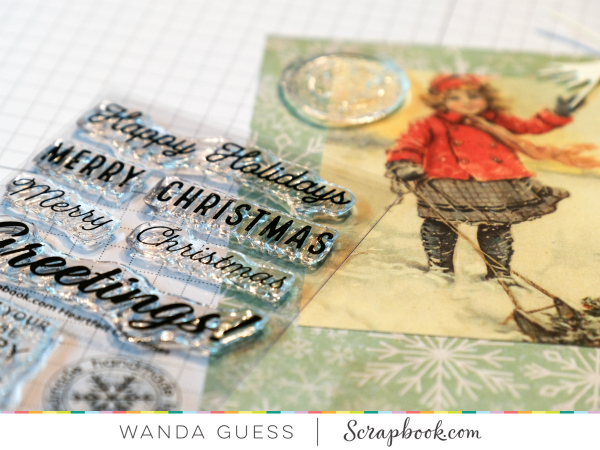 Scrapbook.com Christmas in July. New release Christmas stamps. Vintage Christmas card. Authentique Paper. Wanda Guess