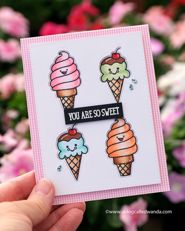 Avery Elle The Scoop stamp set. Inlaid die cutting. handmade card. copics. wanda guess