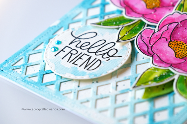 Pretty Pink Posh Peonies and Lattice Background. Stamping and die cutting. Mijello MIssion Watercolors. Wanda Guess