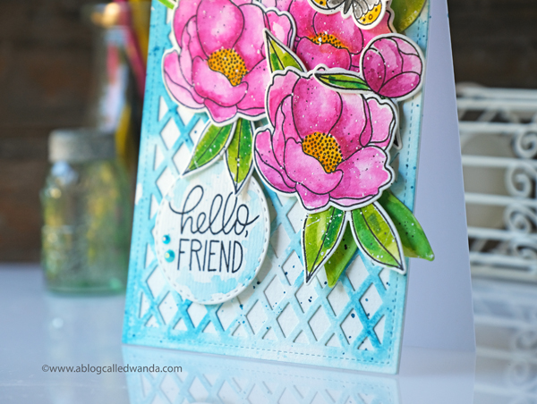 Pretty Pink Posh Peonies and Lattice Background. Stamping and die cutting. Mijello MIssion Watercolors. Wanda Guess