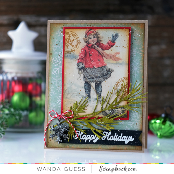 Scrapbook.com Christmas in July. New release Christmas stamps. Vintage Christmas card. Authentique Paper. Wanda Guess