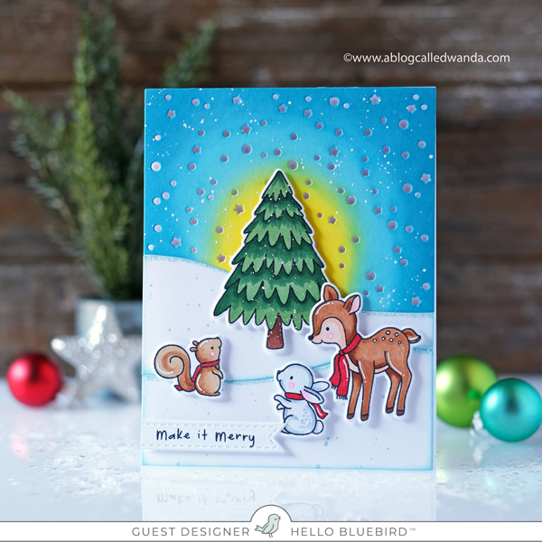 Hello Bluebird new release. Snowy Sky Scene Dies. O Christmas Tree stamp set. Distress Ink Blending. Copics. Wanda Guess, guest designer Hello Bluebird new release. Snowy Sky Scene Dies. O Christmas Tree stamp set. Distress Ink Blending. Copics. Wanda Guess, guest designer