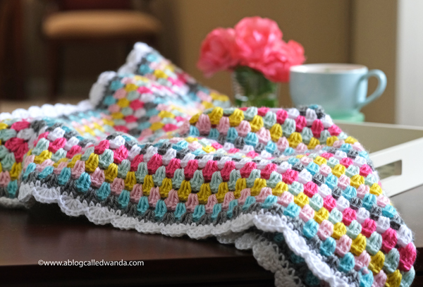 Granny square blanket. Caron Simply Soft Yarn. Scallop Border stitch crochet project by Wanda Guess