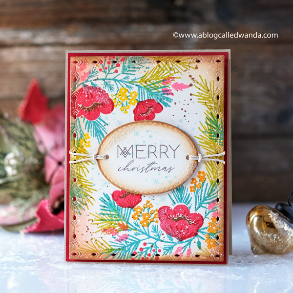 The Greetery Pine Blossoms and Nordic Frames. Christmas Card by Wanda Guess. Vintage distress inks.