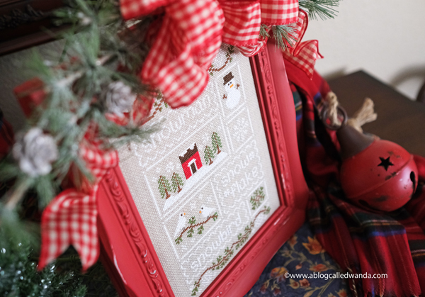 Country Cottage Needleworks Snow Sampler cross stitch. Framed and finished. Wanda Guess, a blog called wanda, ffo, finishing ideas for cross stitch, christmas cross stitch, winter,  aida, handmade christmas, diy, vintage
