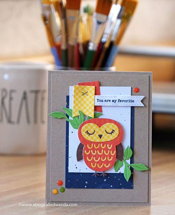 Echo Park Summer Adventure paper. Owl card with die cuts and stamping. Card ideas. Wanda Guess
