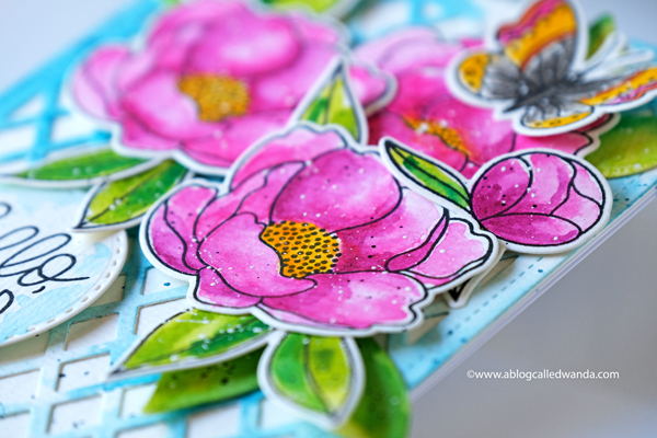 Pretty Pink Posh Peonies and Lattice Background. Stamping and die cutting. Mijello MIssion Watercolors. Wanda Guess