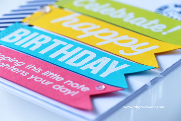 Scrapbook.com exclusive stamp sets. Birthday card with embossing and banners. Wanda Guess