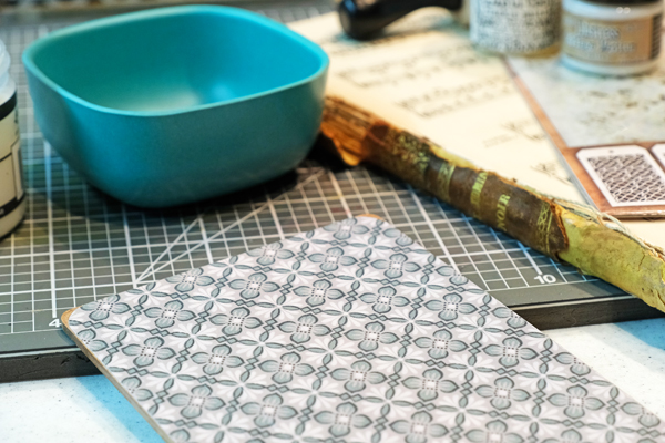 Tim Holtz Mini Clipboard Mixed Media Project. Supplies from Distress Ink, Ideaology, Wallpaper, Stencils. Wanda Guess. Vintage Music Sheets. Craft Ideas.