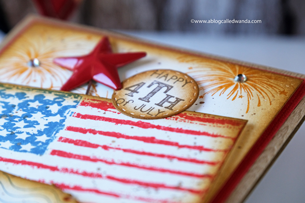 4th of July card ideas. Flag, US die, fireworks stamps, distress inks. Card by Wanda Guess
