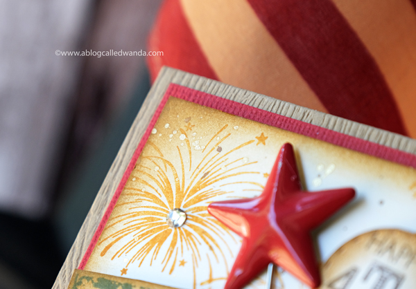 4th of July card ideas. Flag, US die, fireworks stamps, distress inks. Card by Wanda Guess