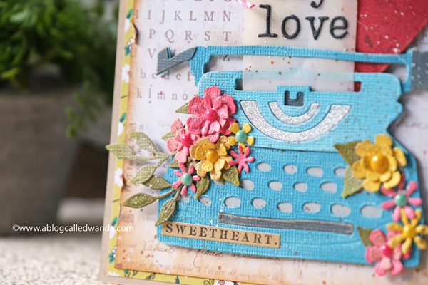 Tim Holtz Retro Type Die and Tiny Type Alphabet. Distress Inks. Mixed media. Tattered florals. Distress inks. Handmade card with Tim Holtz supplies. Wanda Guess