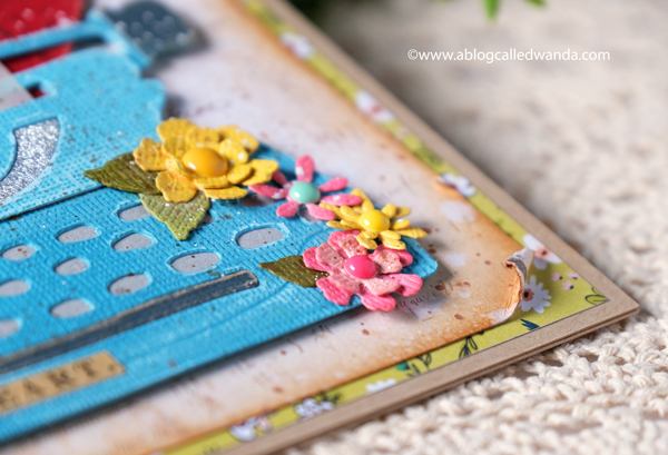 Tim Holtz Retro Type Die and Tiny Type Alphabet. Distress Inks. Mixed media. Tattered florals. Distress inks. Handmade card with Tim Holtz supplies. Wanda Guess