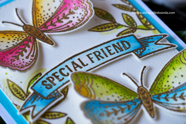 Penny Black Butterfly Garden. Mijello watercolors and gold embossing. Butterfly card. Wanda Guess