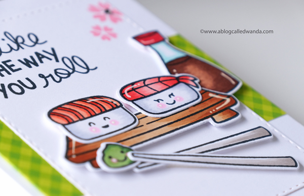 Lawn Fawn Sushi Card. Copics. Clean and simple card design layout. Wanda Guess