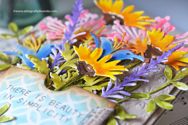 TIM HOLTZ SIZZIX WILDFLOWERS DIES. WATERCOLOR WITH DISTRESS INK. VINTAGE CARD. HANDMADE. WANDA GUESS