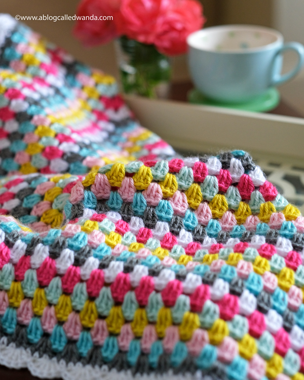 Granny square blanket. Caron Simply Soft Yarn. Scallop Border stitch crochet project by Wanda Guess