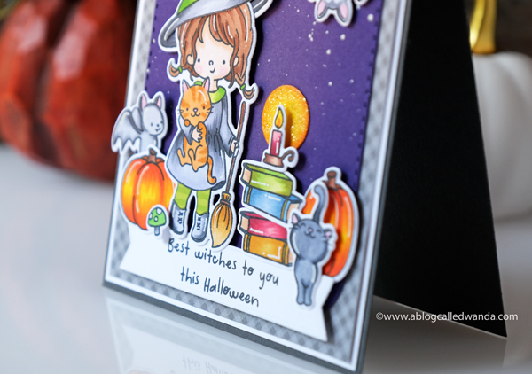 Hello Bluebird stamps Tabitha the witch. Copics, and distress ink blending. Wanda Guess guest designer