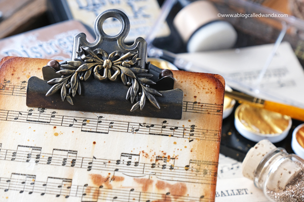 Tim Holtz Mini Clipboard Mixed Media Project. Supplies from Distress Ink, Ideaology, Wallpaper, Stencils. Wanda Guess. Vintage Music Sheets. Craft Ideas.