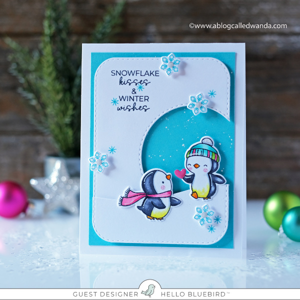 Hello Bluebird stamps and dies new release. Penguins stamps. First snow stamp set. Copics. Christmas card. Wanda Guess, guest designer Hello Bluebird stamps and dies new release. Penguins stamps. First snow stamp set. Copics. Christmas card. Wanda Guess, guest designer
