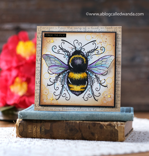Bee stamp from Pink Ink Designs UK. Colored with Polychromos Pencils. Distress ink blending. Honeycomb. Nuvo clear drops. Bee theme card. Vintage. Wanda Guess
