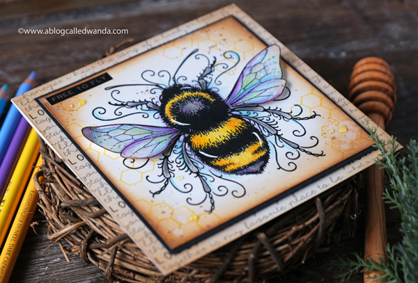 Bee stamp from Pink Ink Designs UK. Colored with Polychromos Pencils. Distress ink blending. Honeycomb. Nuvo clear drops. Bee theme card. Vintage. Wanda Guess