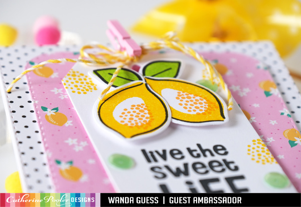 Catherine Pooler stamps and dies. Fresh and Fruity Paper pad. Forever 13 collection. Fruit stamps. Rosettes and fun card ideas. Wanda Guess