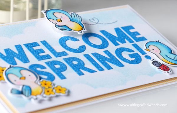 Spring card, Hello bluebird stamps and dies, Garden Friends stamp set, Lawn Fawn Oliver's Alphabet, MFT cloud stencil, copics, wanda guess Spring card, Hello bluebird stamps and dies, Garden Friends stamp set, Lawn Fawn Oliver's Alphabet, MFT cloud stencil, copics, wanda guess