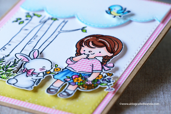 Hello Bluebird new release. Picked for You stamp set, Pathway stamp, copic markers, cheerful card ideas, gingham paper, wanda guess