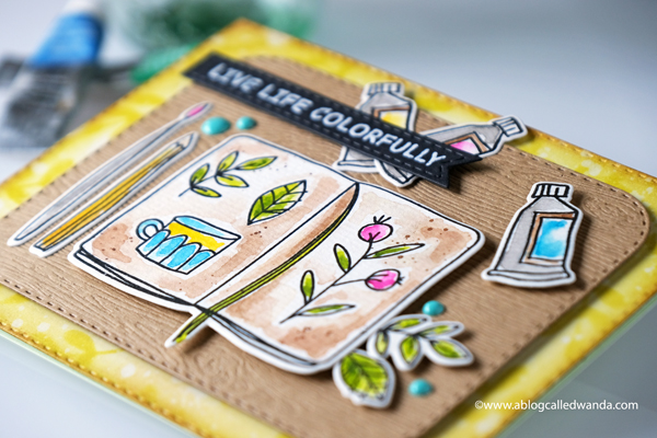 Waffle Flower stamps and dies. Sketch Book stamp set. Pretty Pink Posh Leaf Stencil, Distress inks, Mijello watercolors, card ideas, art and crafty card. Wanda Guess