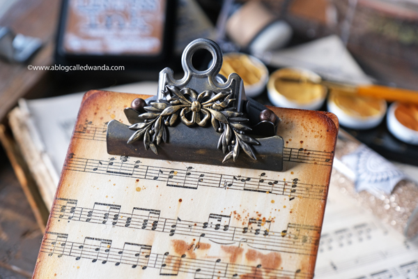 Tim Holtz Mini Clipboard Mixed Media Project. Supplies from Distress Ink, Ideaology, Wallpaper, Stencils. Wanda Guess. Vintage Music Sheets. Craft Ideas.