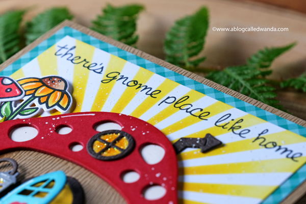 Lawn Fawn Mushroom House. Lawn Fawn Gnome Sweet Gnome stamps. Lawn Fawn Gleeful Gardens. Lawn Fawn Oh Gnome. MFT Radiating Rays. Distress inks and stencils. Copics. Gnomes. Handmade card ideas. Wanda Guess