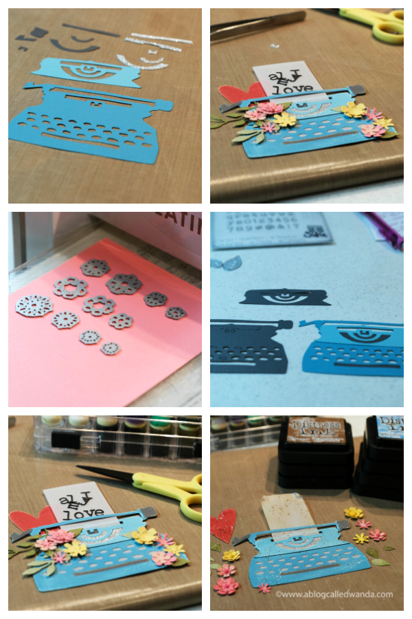 Tim Holtz Retro Type Die and Tiny Type Alphabet. Distress Inks. Mixed media. Tattered florals. Distress inks. Handmade card with Tim Holtz supplies. Wanda Guess