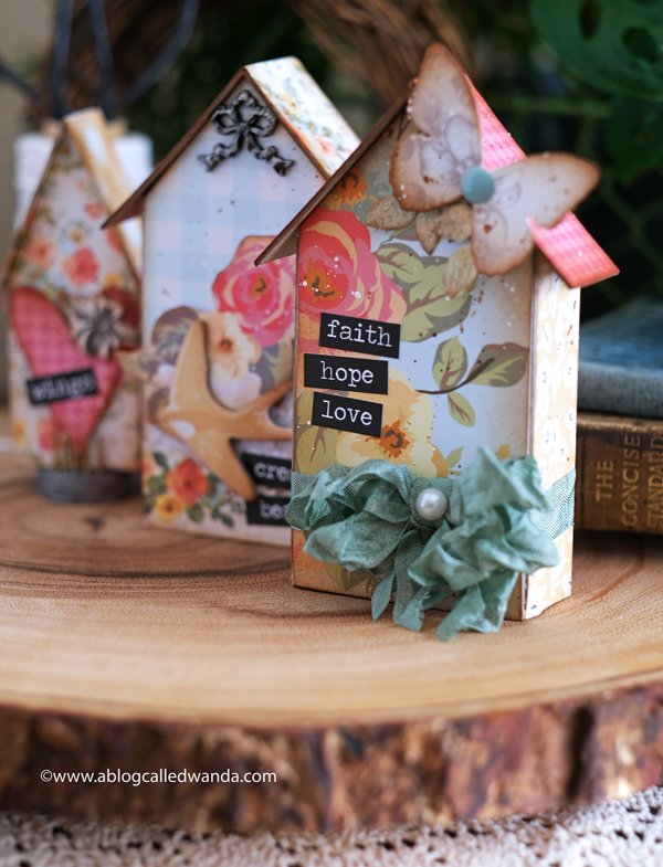 Tim Holtz Sizzix Tiny Houses dies. Bigz Dies. Distress Inks. Vintage Style crafting. Paper Houses. My Mind's Eye Gingham Gardens Collection. Florals. Wanda Guess. A Blog Called Wanda