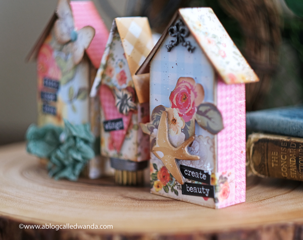 Tim Holtz Sizzix Tiny Houses dies. Bigz Dies. Distress Inks. Vintage Style crafting. Paper Houses. My Mind's Eye Gingham Gardens Collection. Florals. Wanda Guess. A Blog Called Wanda