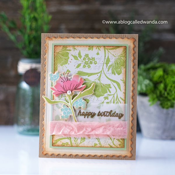 The Greetery New Release Fresh Air Collection. Print Shop Fresh Floral stamps and dies, Fresh Floral Background, Slim Alphabet. Vintage card. Distress Ink. Birthday card. Wanda Guess Greetery Design Team
